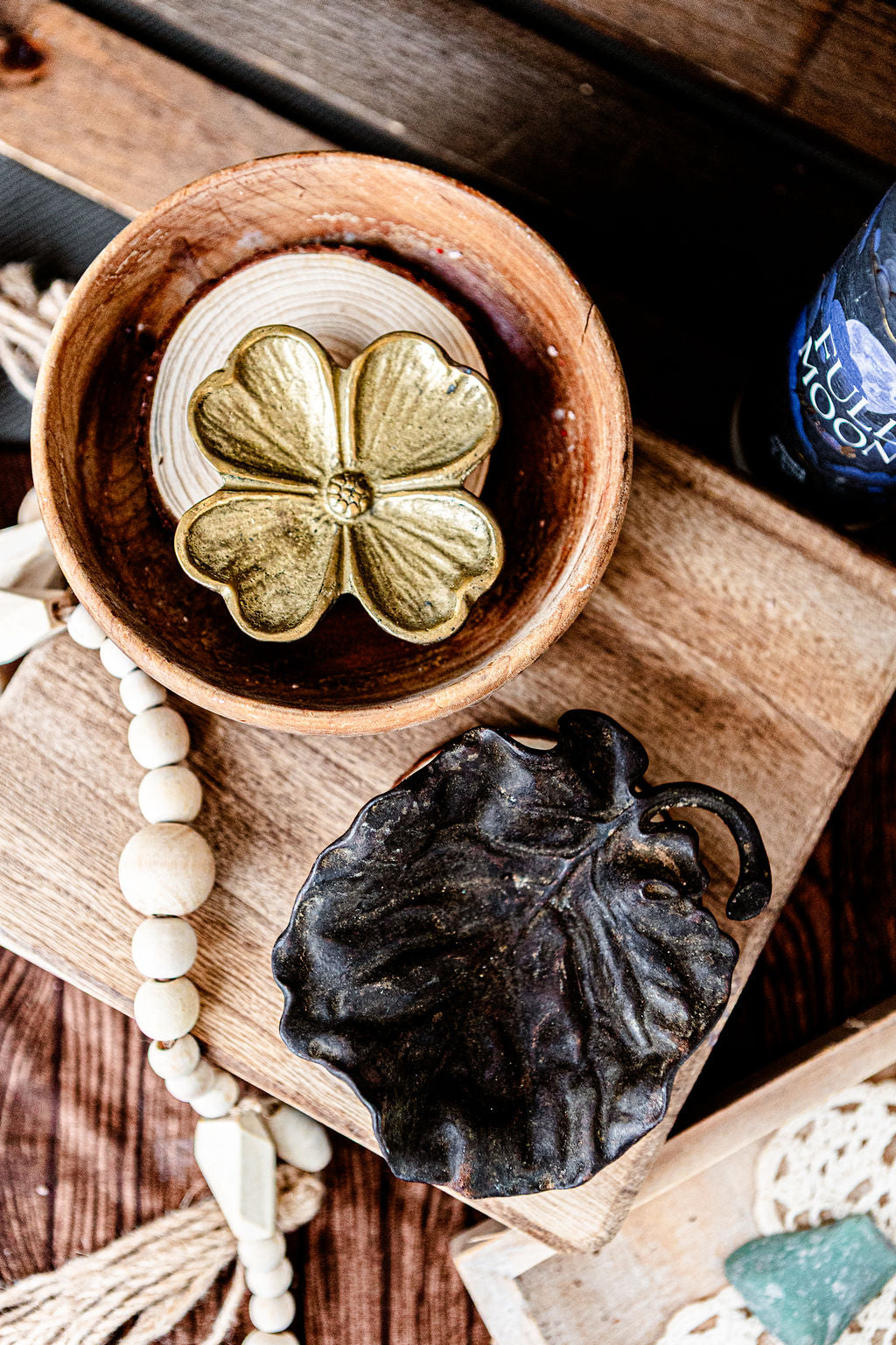 Brass Clover & Cast Iron Leaf Dish Set