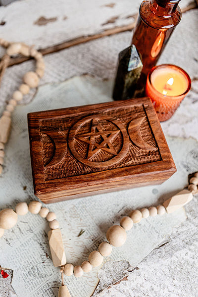 Triple Moon & Pentacle Carved Wooden Box