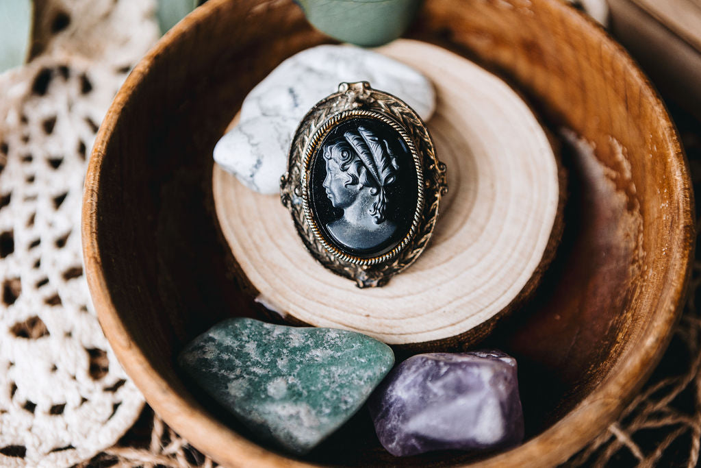 Black Glass Cameo Necklace (Mourning Jewelry)