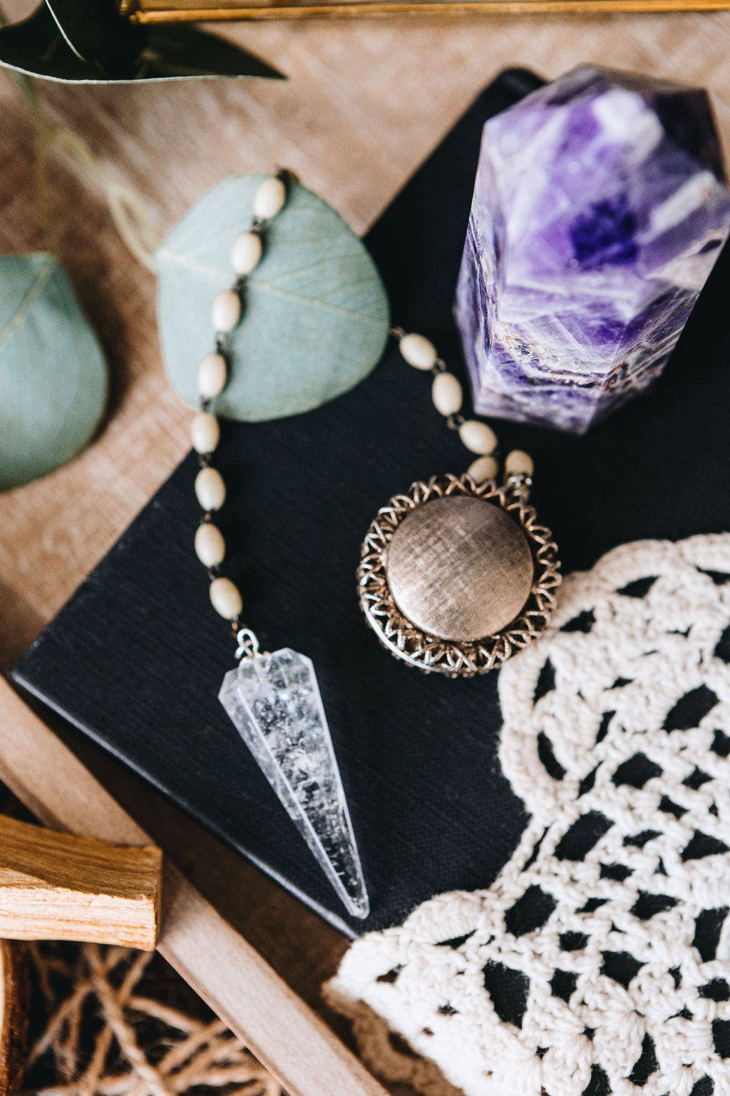 Antique Rosary + Locket Pendulum (Clear Quartz)