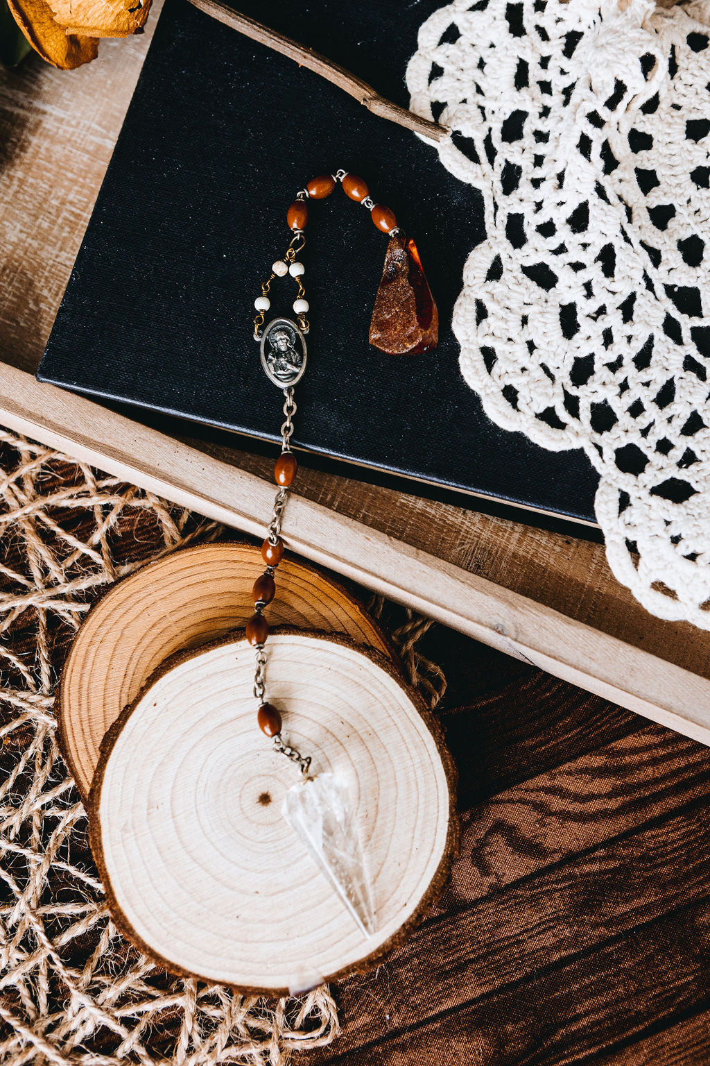 Antique Rosary + Baltic Amber Pendulum (Clear Quartz)