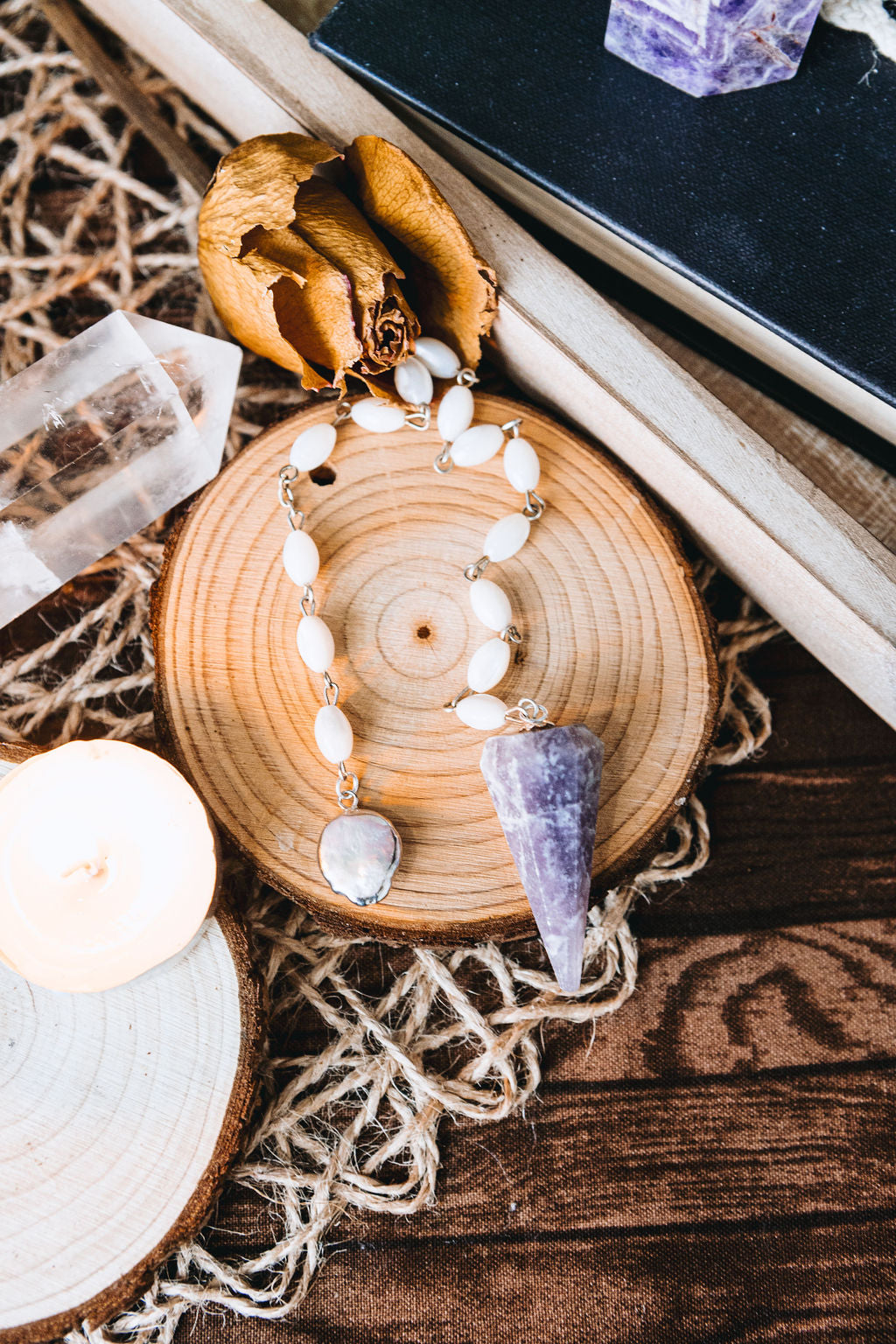 Antique Rosary + Shell Pendulum (Chevron Amethyst)