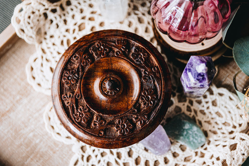 Floral Carved Wood Bowl with Lid