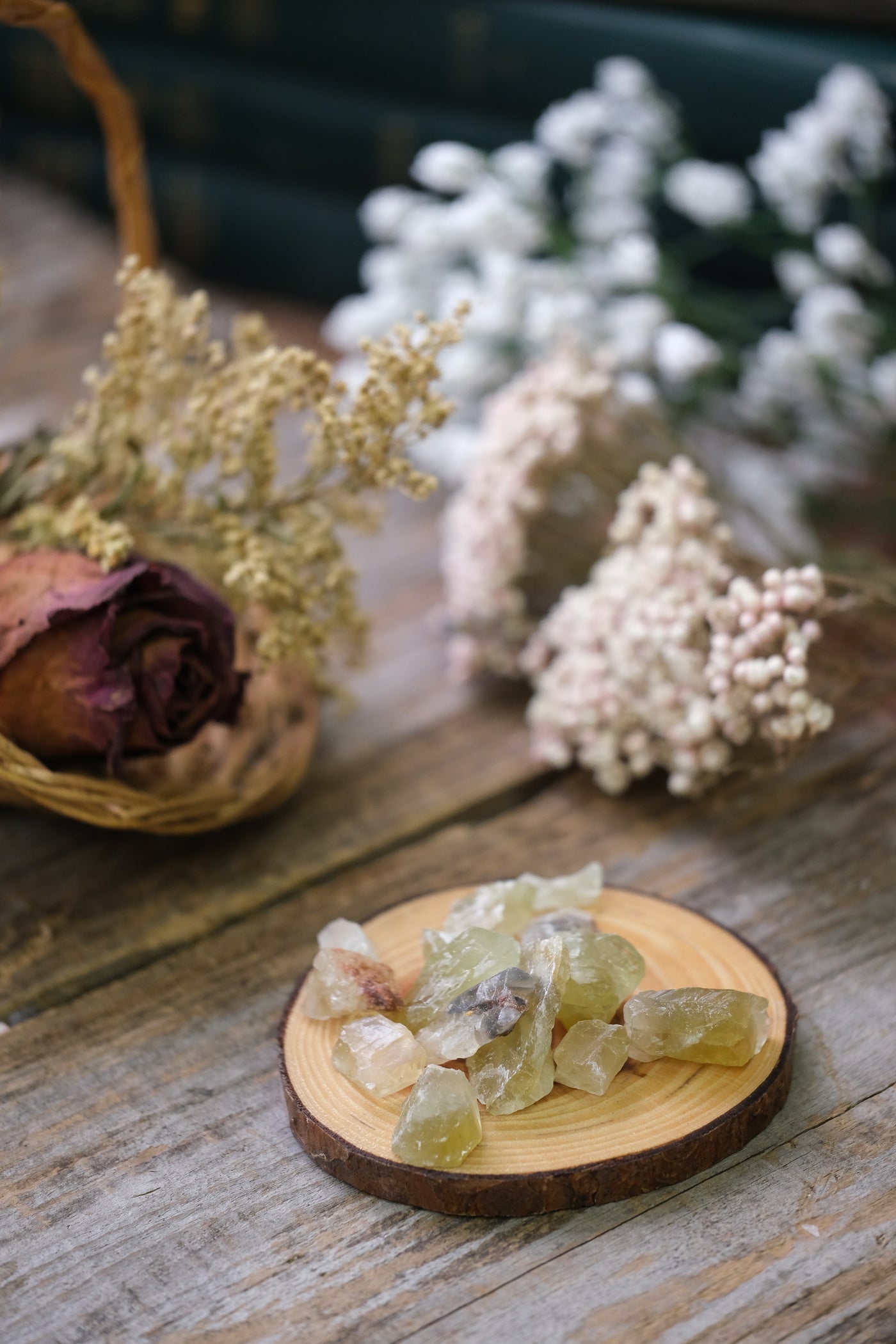 Green calcite shards on display.