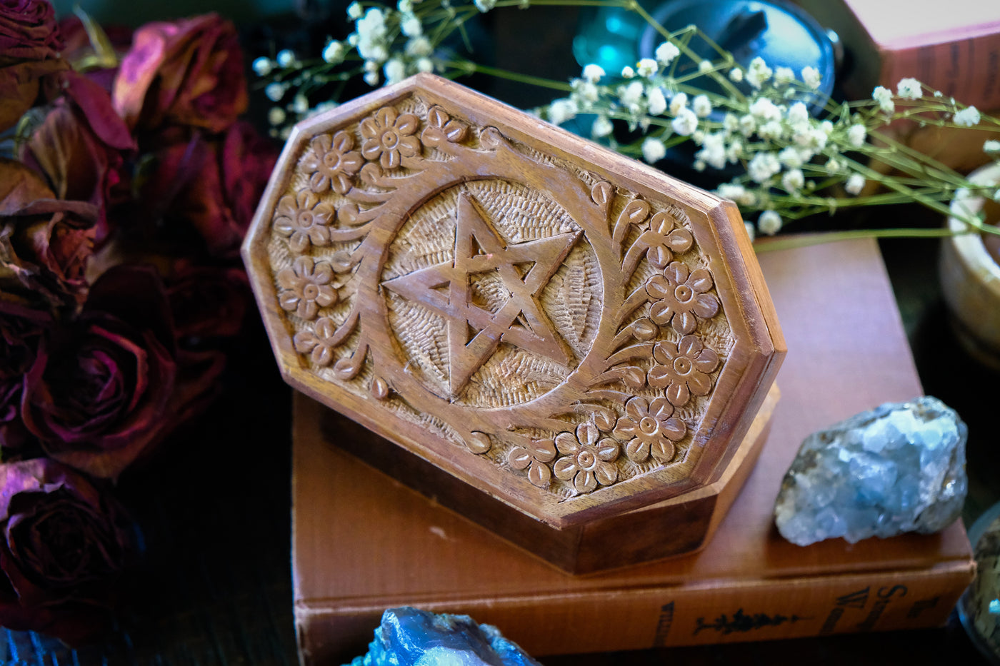 Hexagen Pentacle Carved Wooden Box
