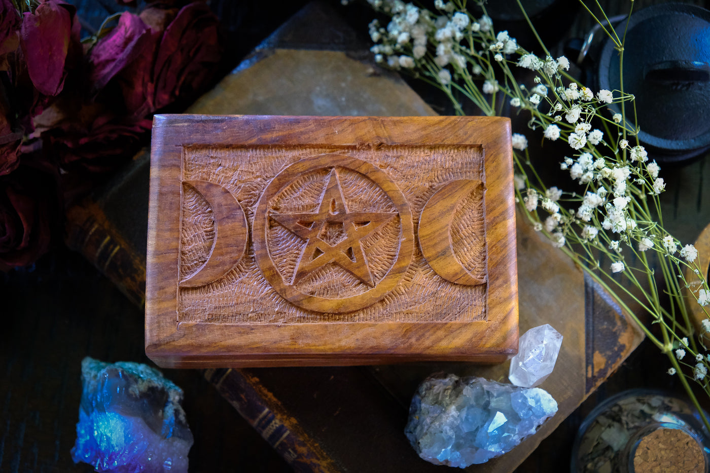 Triple Moon & Pentacle Carved Wooden Box