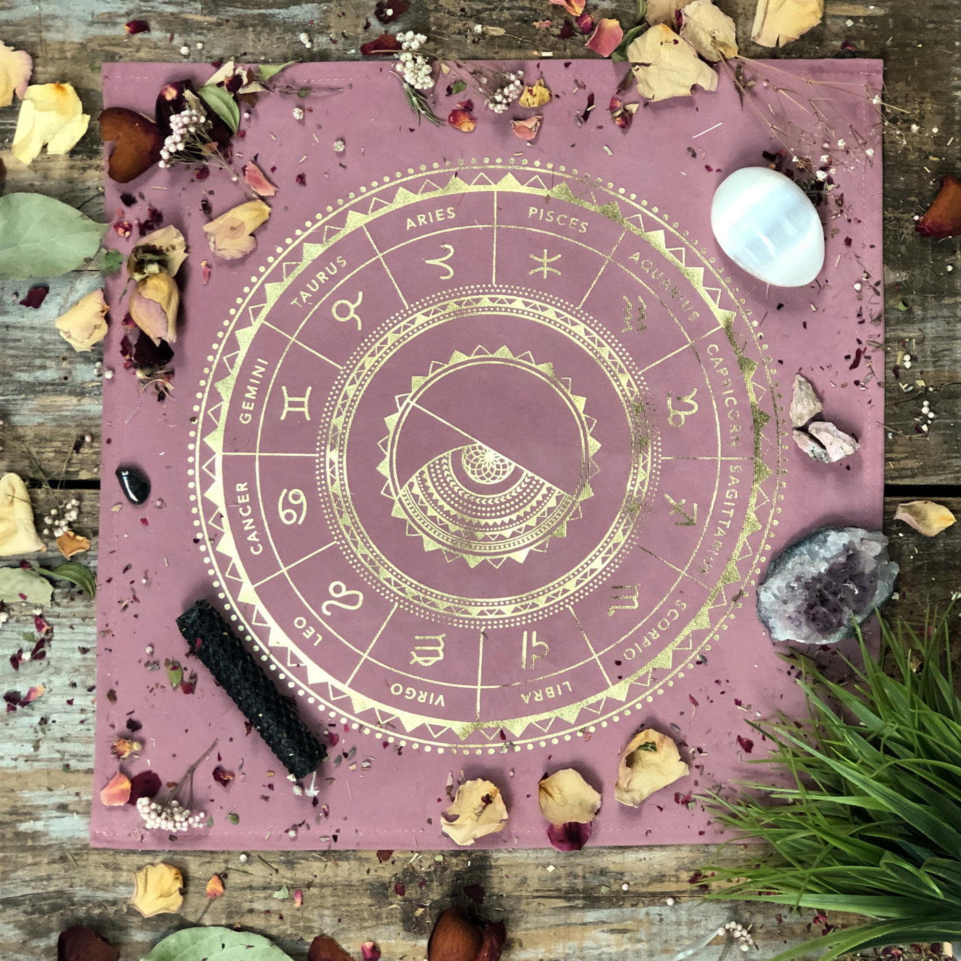 Zodiac Altar Cloth is Dusty Rose in color with gold lettering. 